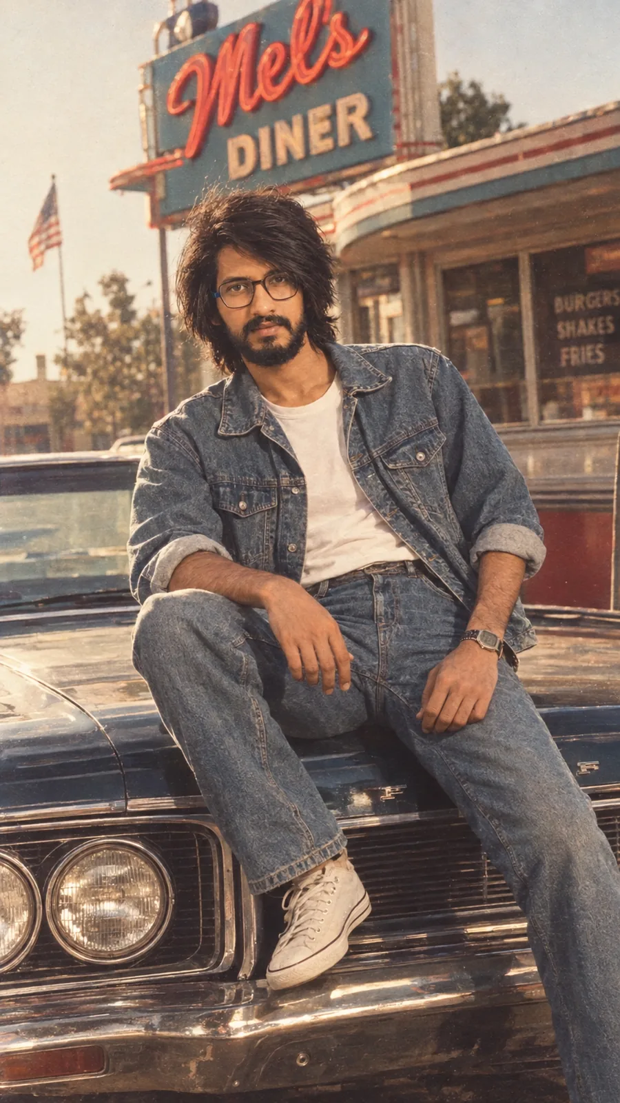 Transform the person in the reference image into an elegant 1980s Hollywood fashion look while preserving his exact facial identity. He wears a light blue denim jacket, white crew-neck T-shirt, high-waisted dark denim jeans, white sneakers, classic aviator sunglasses and a vintage wristwatch. Standing casually outside a stylish 1980s-era luxury building with a vintage car nearby. Bright California afternoon sunlight, sophisticated cinematic composition, authentic 35mm film photography, subtle grain and realistic skin texture. Stylish but natural, like a genuine photograph from the late 1980s. Vertical 9:16.