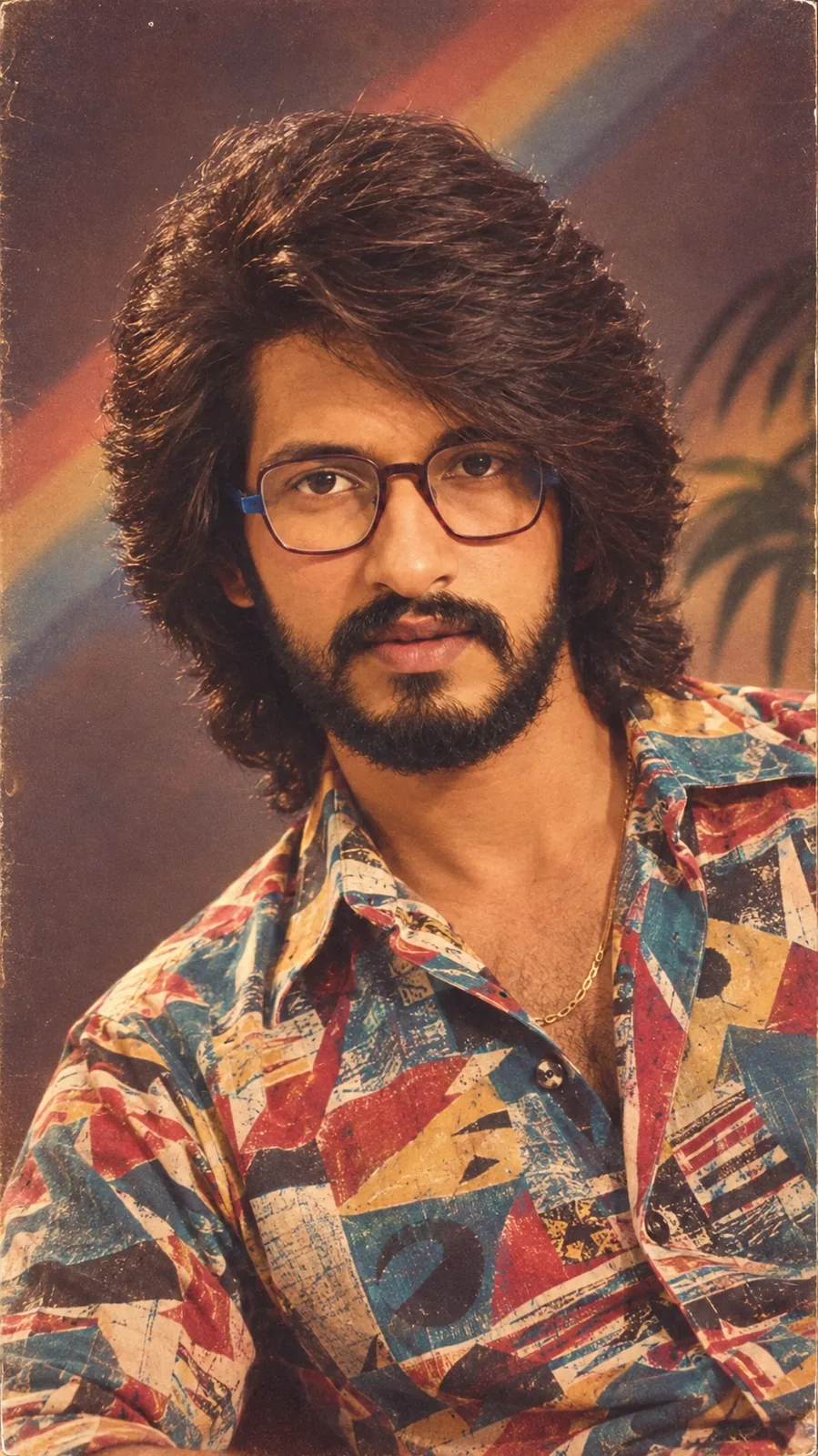 80s Hero Portrait  Prompt:  Transform the person in the reference photo into an authentic 1980s Indian portrait. Preserve the exact facial identity, face shape, eyes, nose, beard, skin tone and recognizable appearance. Give him an authentic 1980s hairstyle, colorful vintage shirt with bold retro patterns, classic 80s styling and natural confident expression. Warm vintage studio photography, subtle film grain, slightly faded analog colors, realistic skin texture, soft directional lighting, photographed on an old 35mm film camera. Background inspired by an elegant 1980s Indian photo studio. Photorealistic, nostalgic, authentic 1980s photograph, not modern, not cartoon, not AI-looking. Vertical 9:16 composition.