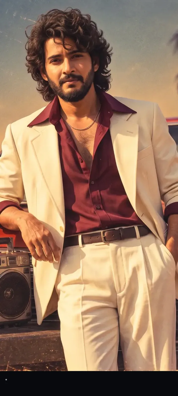 Ultra-realistic 1980s cinematic portrait using the first image’s styling and composition with the second person’s exact face and identity preserved. Wearing vintage aviator sunglasses, retro 80s outfit and hairstyle, casually posing beside an old classic sedan on a quiet vintage roadside street. Warm faded analog tones, soft golden daylight, subtle film grain, aged photo texture, authentic 1980s photography, natural proportions, shallow depth of field.
