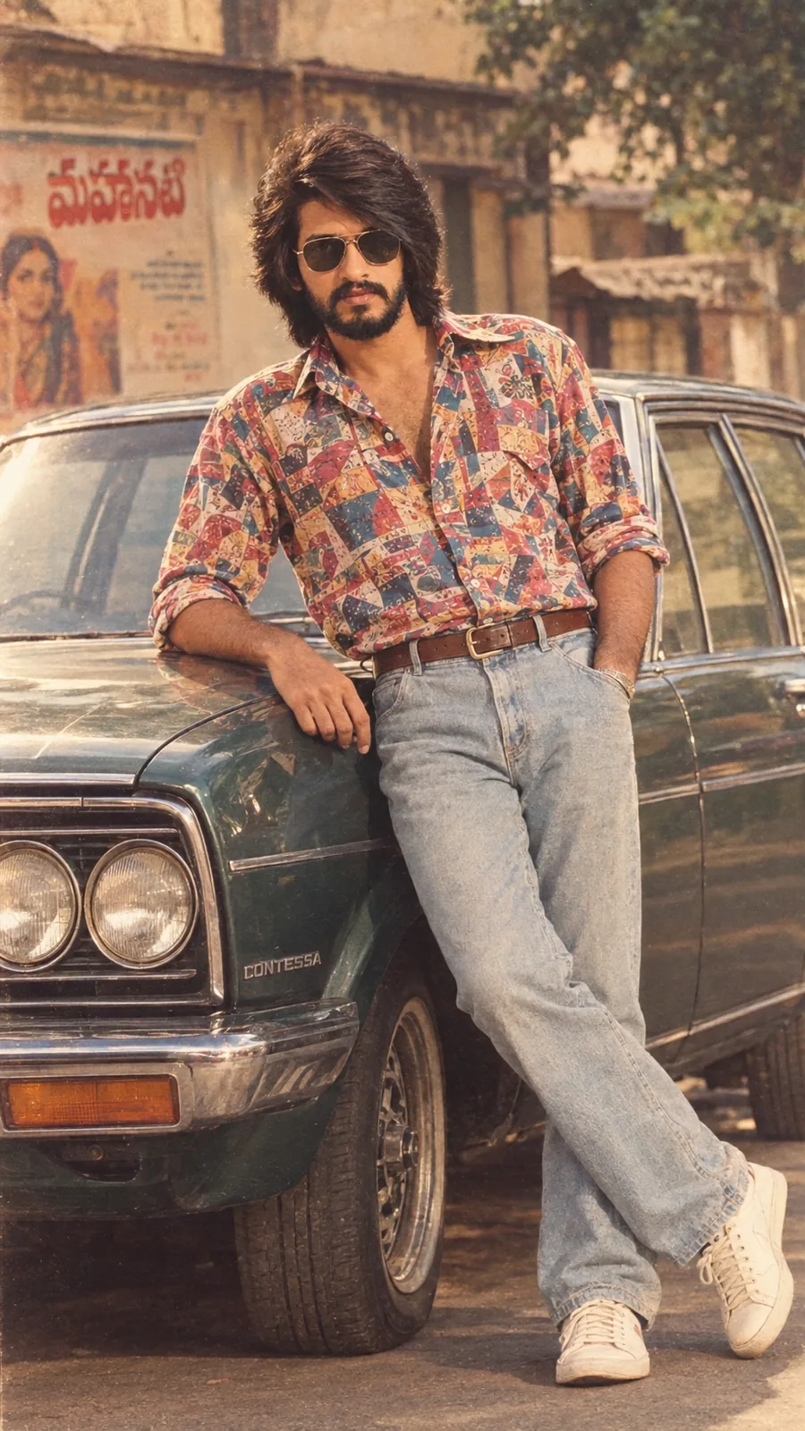 80s Vintage Car  Prompt:  Create a photorealistic 1980s Indian cinematic photograph of the person in the reference image. Preserve his exact facial identity and recognizable features. Dress him in a stylish colorful 1980s printed shirt, high-waisted light-wash jeans, classic leather belt and white vintage sneakers. He is casually leaning against a beautiful classic Indian car from the 1980s, relaxed confident pose, wearing classic retro sunglasses. Authentic Indian street atmosphere from the 1980s, warm afternoon sunlight, subtle analog film grain, realistic colors, natural skin texture, 35mm film photography. No modern objects, no modern cars, no smartphones. Vertical 9:16.