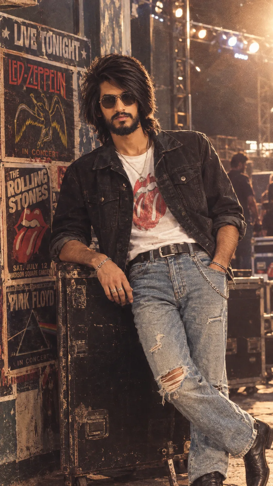 Rock Star 80s 🎸  Reimagine the person from the reference image as a stylish 1980s American rock-star-inspired character while preserving his exact facial identity. Black denim jacket, white vintage T-shirt, faded ripped denim jeans, leather boots, classic sunglasses and subtle silver accessories. Standing near an old concert venue with vintage posters and stage lights in the background. Confident rebellious expression, cinematic side lighting, authentic 35mm film photography, subtle grain, natural skin texture, slightly faded colors. Photorealistic, authentic 1980s atmosphere, not modern. Vertical 9:16.
