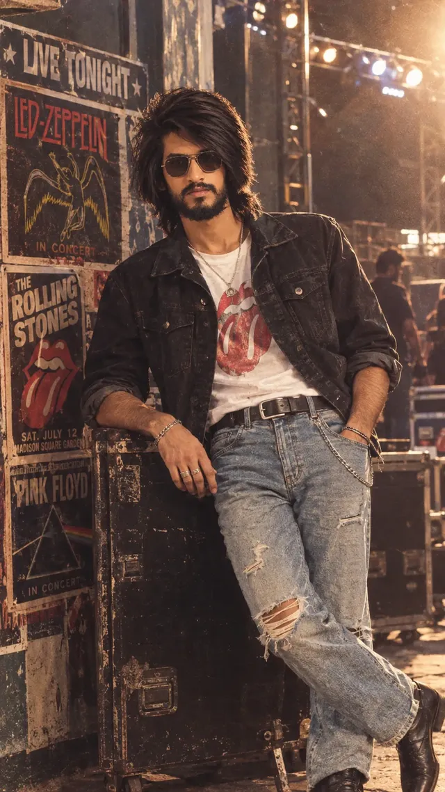 Rock Star 80s 🎸  Reimagine the person from the reference image as a stylish 1980s American rock-star-inspired character while preserving his exact facial identity. Black denim jacket, white vintage T-shirt, faded ripped denim jeans, leather boots, classic sunglasses and subtle silver accessories. Standing near an old concert venue with vintage posters and stage lights in the background. Confident rebellious expression, cinematic side lighting, authentic 35mm film photography, subtle grain, natural skin texture, slightly faded colors. Photorealistic, authentic 1980s atmosphere, not modern. Vertical 9:16.